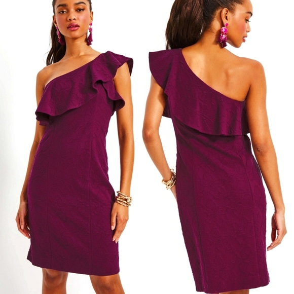 NWT LILLY PULITZER BORDEAUX ONE SHOULDER DRESS IN AMARENA CHERRY SIZE 12 $198 - Picture 1 of 11